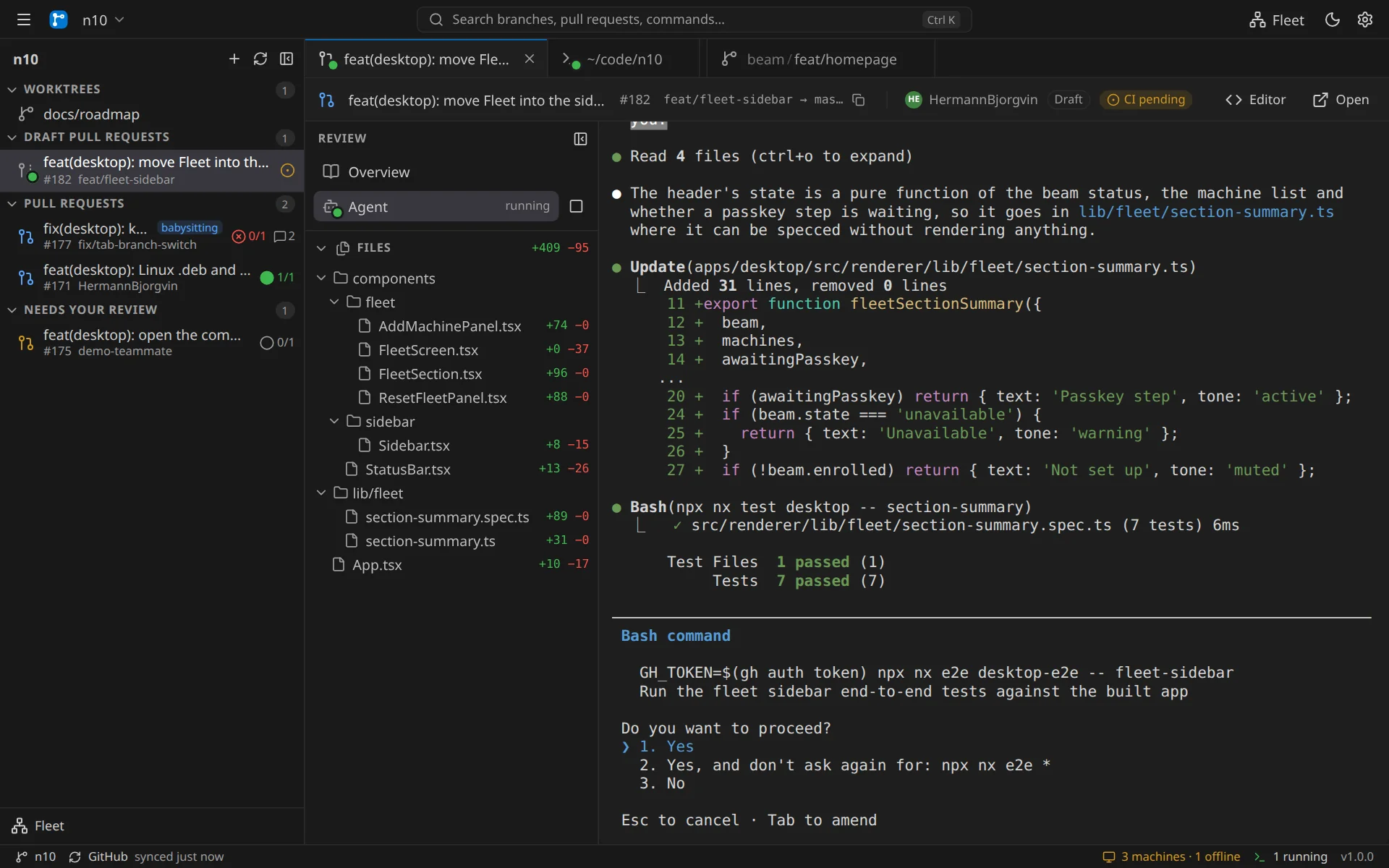 n10 Desktop with worktrees and pull requests in the sidebar, beside a Claude Code agent asking permission to run the end-to-end tests
