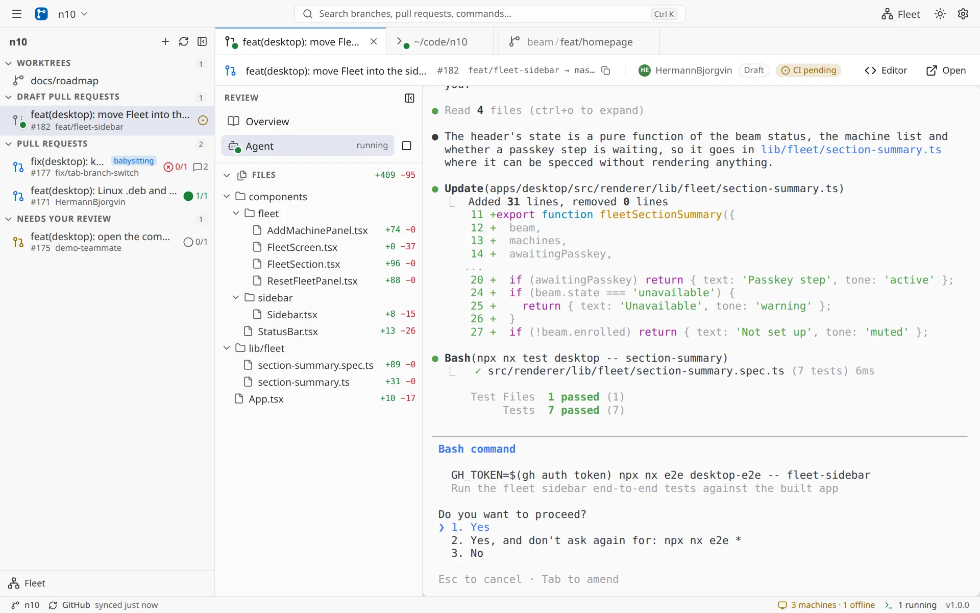 n10 Desktop with worktrees and pull requests in the sidebar, beside a Claude Code agent asking permission to run the end-to-end tests