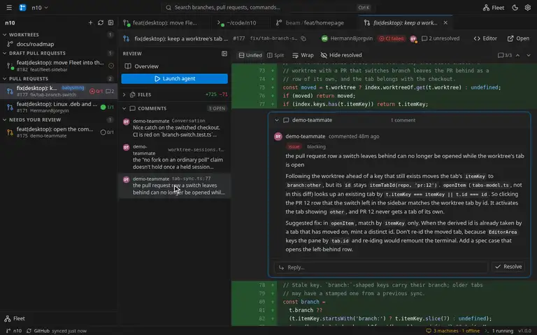 Review diffs and resolve threads
