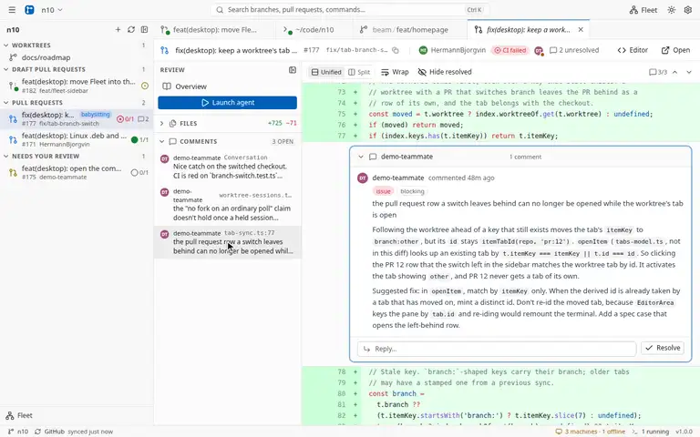 Review diffs and resolve threads