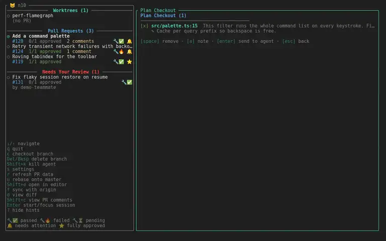 The terminal UI showing pull request status, inline review threads, and a plan ready to send to an agent