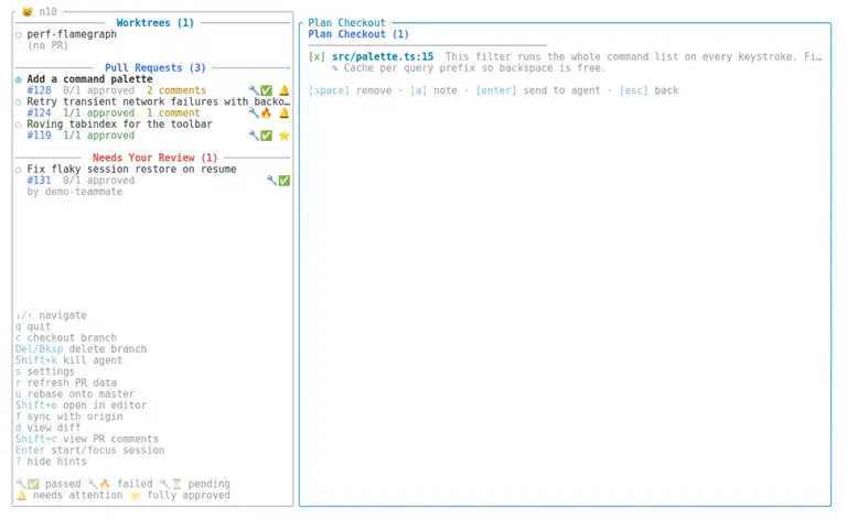 The terminal UI showing pull request status, inline review threads, and a plan ready to send to an agent